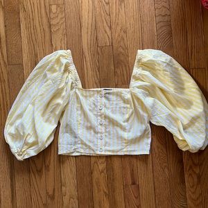 Yellow and white stripe crop top puff sleeves